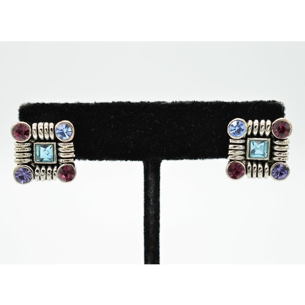 Vintage Stud Earrings Shiny Rhinestone Crystal Square Blue Purple Silver Bin4